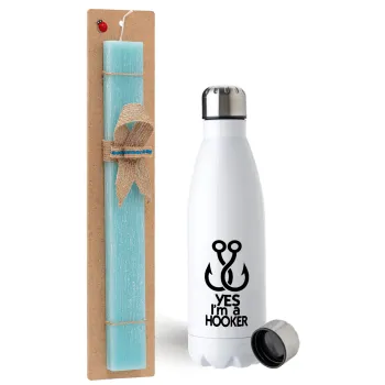 Yes i am Hooker, Easter Set, metallic stainless steel water bottle (750ml) & aromatic flat Easter candle (30cm) (TURQUOISE)