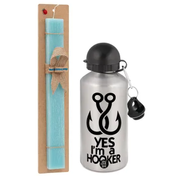 Yes i am Hooker, Easter Set, metallic silver aluminum water bottle (500ml) & scented flat Easter candle (30cm) (TURQUOISE)