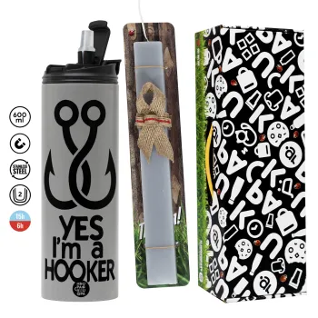 Yes i am Hooker, Πασχαλινή Λαμπάδα με Travel Tumbler θερμό (600ml, BPA free) & κερί αρωματικό πλακέ (30cm) (ΓΚΡΙ)