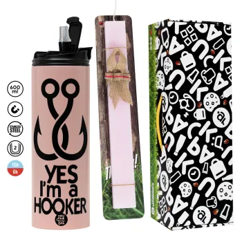 Yes i am Hooker, Πασχαλινή Λαμπάδα με  ΡΟΖ Travel Tumbler θερμό (600ml, BPA free) & κερί αρωματικό πλακέ (30cm) (ΡΟΖ)