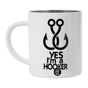 Yes i am Hooker, Λευκή Ανοξείδωτη Μεταλλική Κούπα 450ml - Διπλού Τοιχώματος 