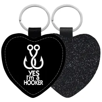 Yes i am Hooker, Μπρελόκ PU δερμάτινο glitter καρδιά ΜΑΥΡΟ