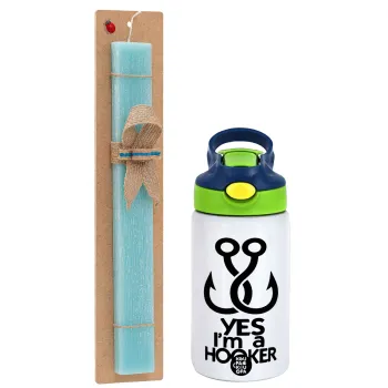 Yes i am Hooker, Easter Set, Children's thermal stainless steel bottle with safety straw, green/blue (350ml) & aromatic flat Easter candle (30cm) (TURQUOISE)