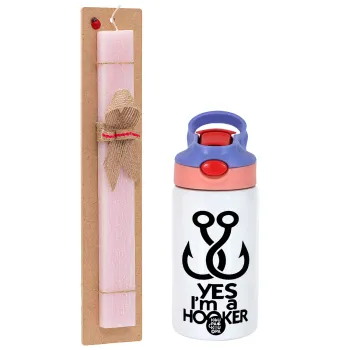 Yes i am Hooker, Easter Set, Children's thermal stainless steel water bottle with safety straw, pink/purple (350ml) & Easter scented flat candle (30cm) (PINK)