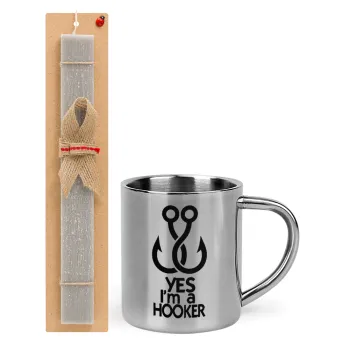 Yes i am Hooker, Easter Set, metallic thermal cup (300ml) & Easter aromatic flat candle (30cm) (GRAY)