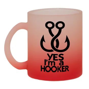 Yes i am Hooker, Κούπα γυάλινη δίχρωμη με βάση το κόκκινο ματ, 330ml