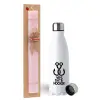 Easter Set, metallic stainless steel water bottle (750ml) & scented flat Easter candle (30cm) (PINK)