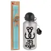 Easter Set, metallic silver aluminum water bottle (500ml) & scented flat Easter candle (30cm) (TURQUOISE)