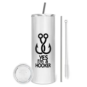Yes i am Hooker, Tumbler ποτήρι θερμό από ανοξείδωτο ατσάλι 600ml, με μεταλλικό καλαμάκι & βούρτσα καθαρισμού