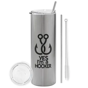 Yes i am Hooker, Tumbler ποτήρι θερμό Ασημένιο από ανοξείδωτο ατσάλι 600ml, με μεταλλικό καλαμάκι & βούρτσα καθαρισμού