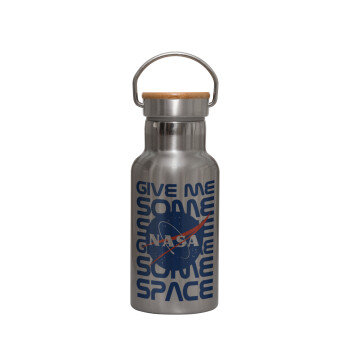 NASA give me some space, Stainless steel metallic thermos flask, silver with a bamboo lid, double-walled, 350ml.