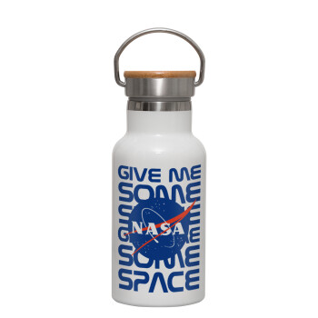 NASA give me some space, Μεταλλικό παγούρι θερμός (Stainless steel) Λευκό με ξύλινο καπακι (bamboo), διπλού τοιχώματος, 350ml
