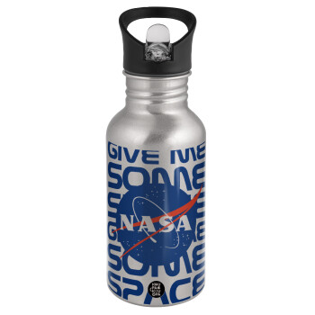 NASA give me some space, Παγούρι νερού Ασημένιο με καλαμάκι, ανοξείδωτο ατσάλι 500ml