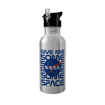 NASA give me some space, Παγούρι νερού Ασημένιο με καλαμάκι, ανοξείδωτο ατσάλι 600ml