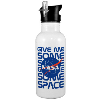 NASA give me some space, White water bottle with straw, stainless steel 600ml
