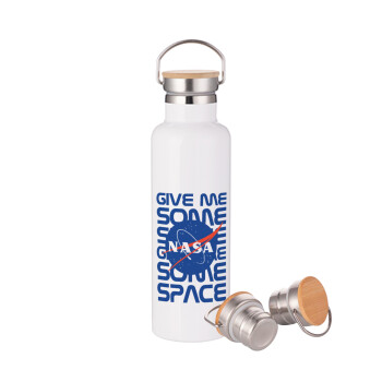 NASA give me some space, Μεταλλικό παγούρι θερμός (Stainless steel) Λευκό με ξύλινο καπακι (bamboo), διπλού τοιχώματος, 750ml
