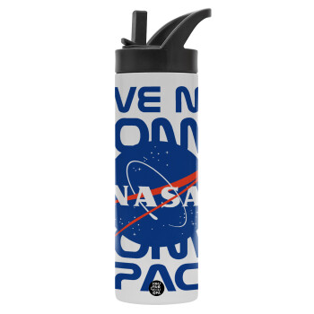 NASA give me some space, Metallic thermos bottle with straw & handle, stainless steel (Stainless steel 304), double-walled, 600ml.