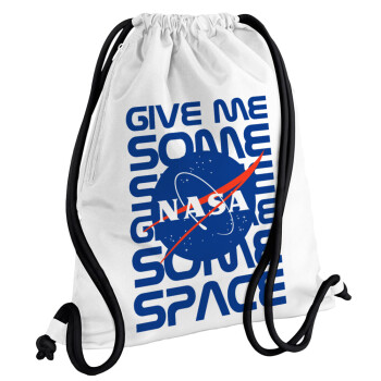 NASA give me some space, Τσάντα πλάτης πουγκί GYMBAG λευκή, με τσέπη (40x48cm) & χονδρά κορδόνια