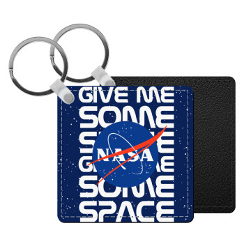NASA give me some space, Μπρελόκ Δερματίνη, τετράγωνο ΜΑΥΡΟ (5x5cm)