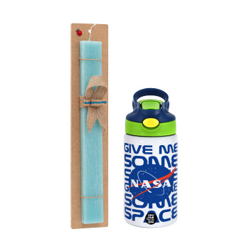 NASA give me some space, Easter Set, Children's thermal stainless steel bottle with safety straw, green/blue (350ml) & aromatic flat Easter candle (30cm) (TURQUOISE)
