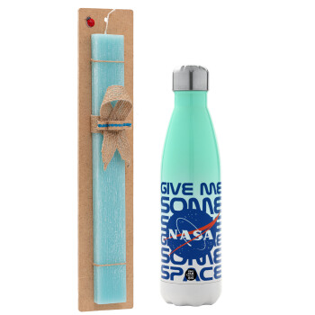 NASA give me some space, Easter Set, Metallic green/white thermos (Stainless steel), double-walled, 500ml & scented flat Easter candle (30cm) (TURQUOISE)