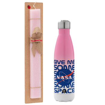 NASA give me some space, Easter Set, Metallic pink/white (Stainless steel) thermos, double-walled, 500ml & aromatic flat Easter candle (30cm) (PINK)