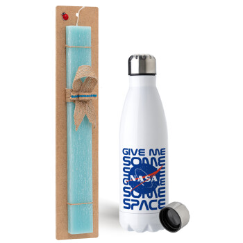 NASA give me some space, Easter Set, metallic stainless steel water bottle (750ml) & aromatic flat Easter candle (30cm) (TURQUOISE)