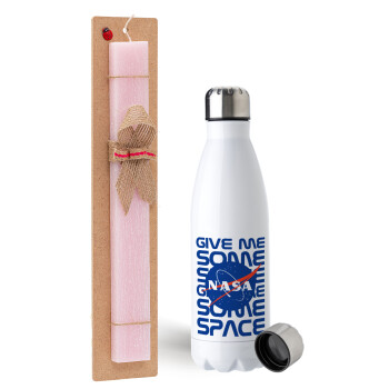 NASA give me some space, Easter Set, metallic stainless steel water bottle (750ml) & scented flat Easter candle (30cm) (PINK)
