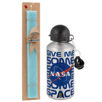 NASA give me some space, Easter Set, metallic silver aluminum water bottle (500ml) & scented flat Easter candle (30cm) (TURQUOISE)