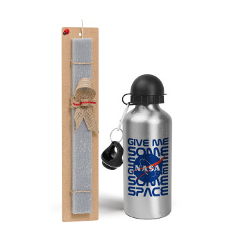 NASA give me some space, Πασχαλινό Σετ, παγούρι μεταλλικό Ασημένιο αλουμινίου (500ml) & πασχαλινή λαμπάδα αρωματική πλακέ (30cm) (ΓΚΡΙ)