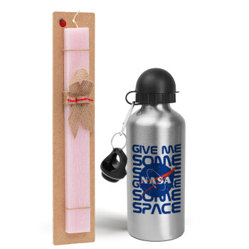 NASA give me some space, Easter Set, metallic Silver aluminum water bottle (500ml) & scented flat Easter candle (30cm) (PINK)