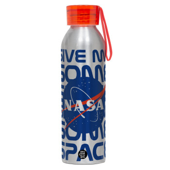 NASA give me some space, Αλουμινένιο Αθλητικό Μπουκάλι 650ml – Ασημί με Κόκκινο Καπάκι και Λουράκι Σιλικόνης