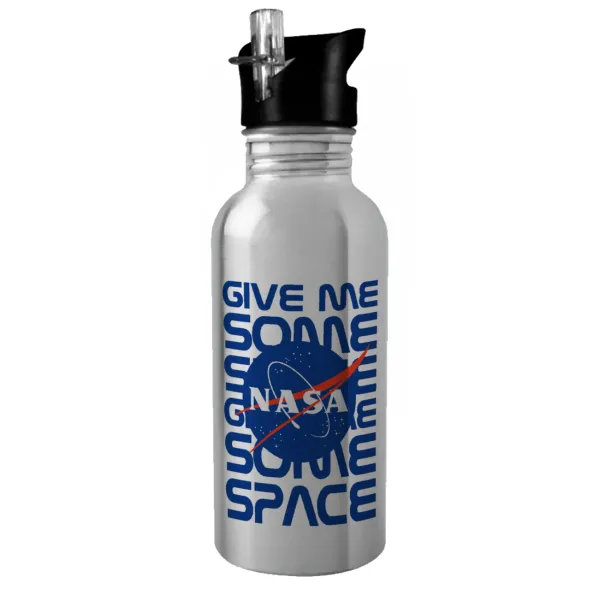 NASA give me some space — Παγούρι νερού Ασημένιο με καλαμάκι, ανοξείδωτο ατσάλι 600ml