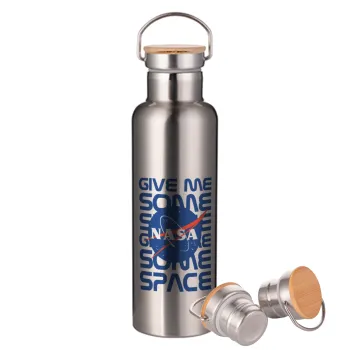NASA give me some space, Stainless steel Silver with wooden lid (bamboo), double wall, 750ml