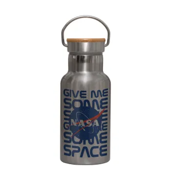 NASA give me some space, Μεταλλικό παγούρι θερμός (Stainless steel) Ασημένιο με ξύλινο καπακι (bamboo), διπλού τοιχώματος, 350ml