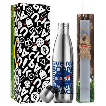 NASA give me some space, Easter Set, metallic stainless thermos flask (500ml) & scented flat Easter candle (30cm) (GRAY)