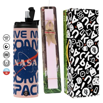 NASA give me some space, Πασχαλινή Λαμπάδα με  ΡΟΖ Travel Tumbler θερμό (600ml, BPA free) & κερί αρωματικό πλακέ (30cm) (ΡΟΖ)