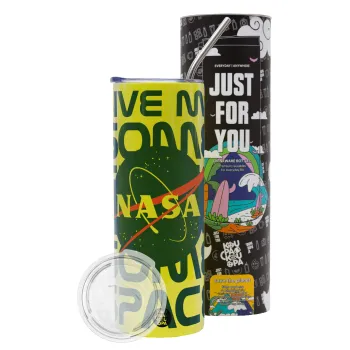 NASA give me some space, Neon Yellow Travel Tumbler θερμό, μεταλλικό καλαμάκι(Ανωξείδωτο 304 Food grade, BPA free, 600ml)