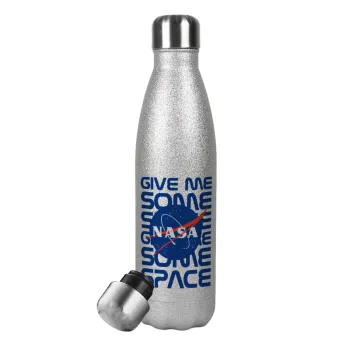 NASA give me some space, Μεταλλικό παγούρι θερμός Glitter Aσημένιο (Stainless steel), διπλού τοιχώματος, 500ml