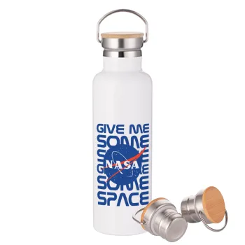 NASA give me some space, Stainless steel White with wooden lid (bamboo), double wall, 750ml