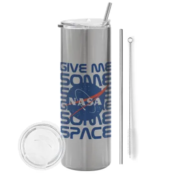 NASA give me some space, Tumbler ποτήρι θερμό Ασημένιο από ανοξείδωτο ατσάλι 600ml, με μεταλλικό καλαμάκι & βούρτσα καθαρισμού