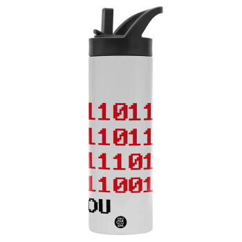 I .... YOU, binary secret MSG, Metallic thermos bottle with straw & handle, stainless steel (Stainless steel 304), double-walled, 600ml.