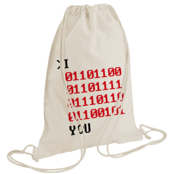 I .... YOU, binary secret MSG, Backpack bag GYMBAG natural (28x40cm)