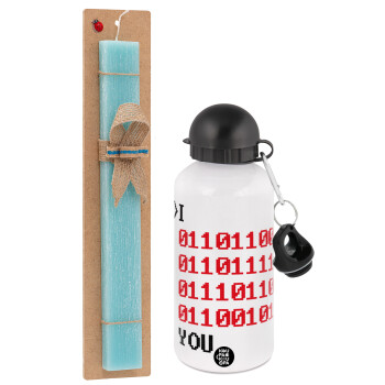 I .... YOU, binary secret MSG, Easter Set, metallic aluminum water bottle (500ml) & scented flat candle (30cm) (TURQUOISE)