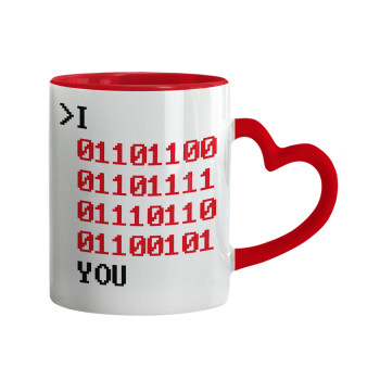 I .... YOU, binary secret MSG, Mug heart red handle, ceramic, 330ml