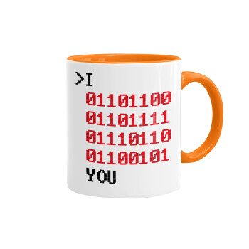 I .... YOU, binary secret MSG, Mug colored orange, ceramic, 330ml