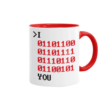 I .... YOU, binary secret MSG, Κούπα χρωματιστή κόκκινη, κεραμική, 330ml
