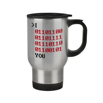 I .... YOU, binary secret MSG, Stainless steel travel mug with lid, double wall 450ml