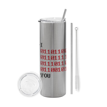 I .... YOU, binary secret MSG, Eco friendly stainless steel Silver tumbler 600ml, with metal straw & cleaning brush