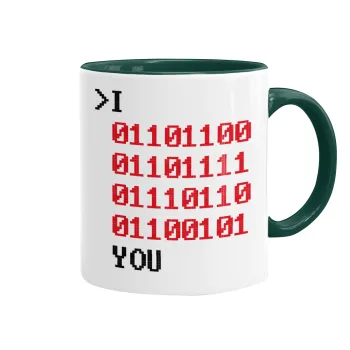I .... YOU, binary secret MSG, Mug colored green, ceramic, 330ml